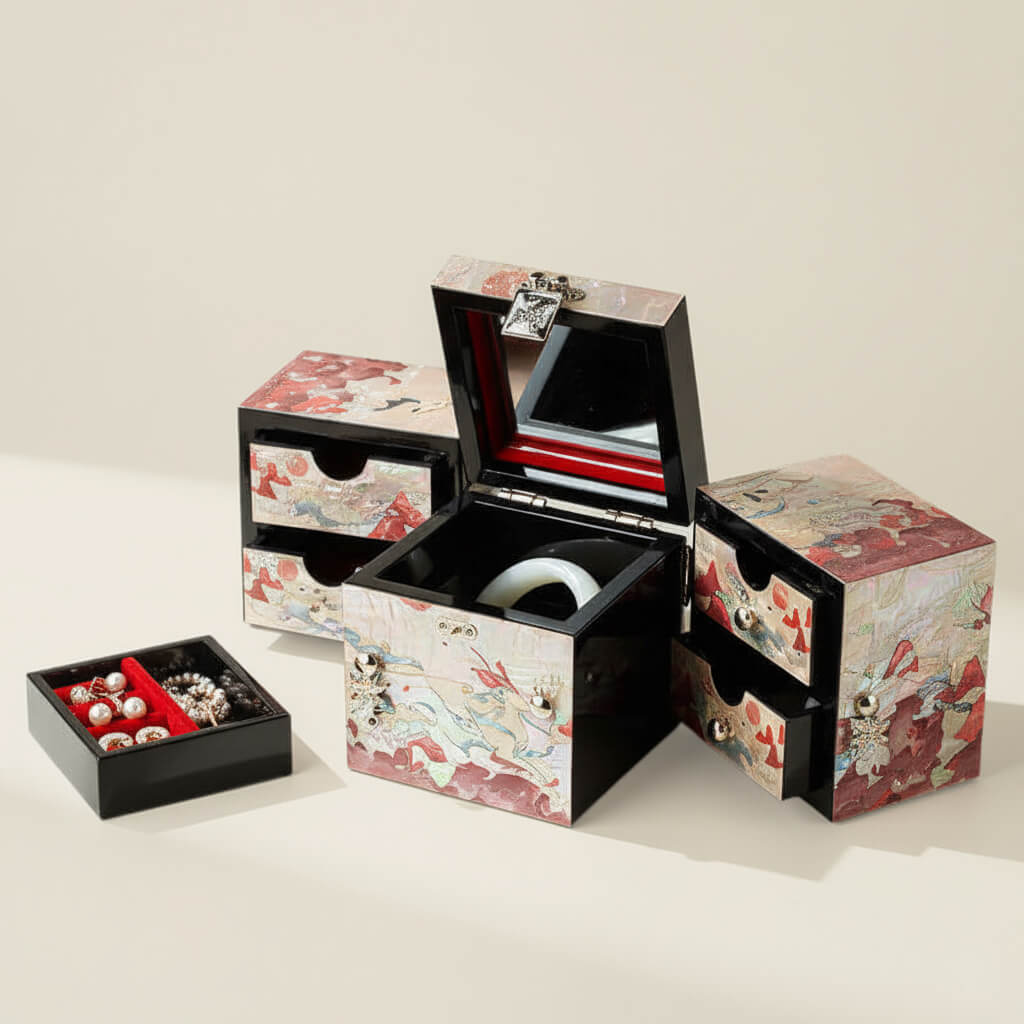 Handcrafted Jewelry Box with Inlaid Colored Shells QS05