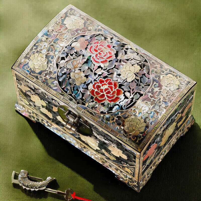 Handcrafted Jewelry Box with Inlaid Colored Shells QS15