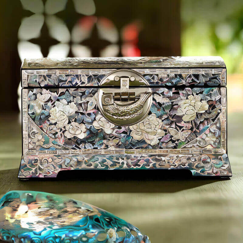 Handcrafted Jewelry Box with Inlaid Colored Shells QS15