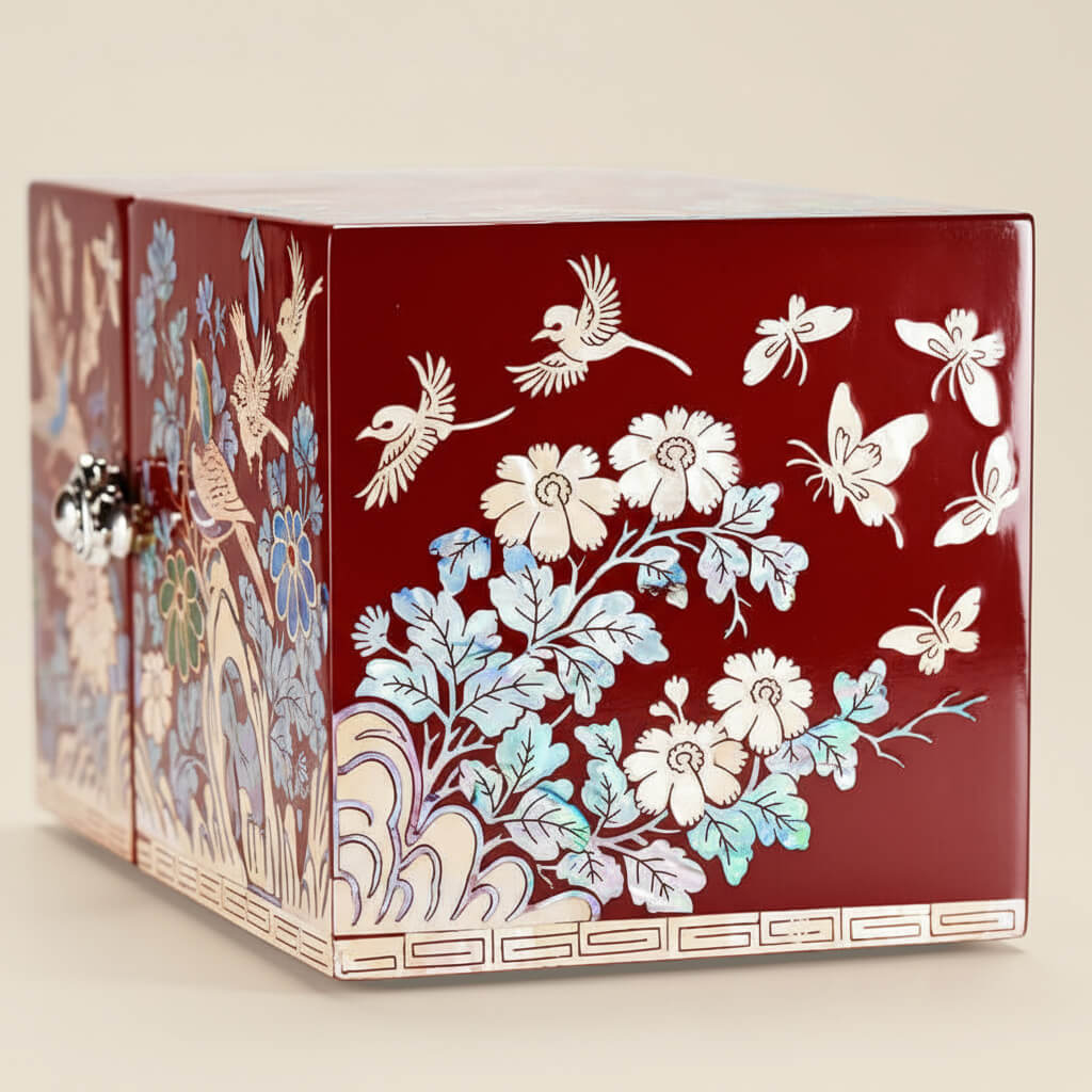 Handcrafted Jewelry Box with Inlaid Colored Shells B008