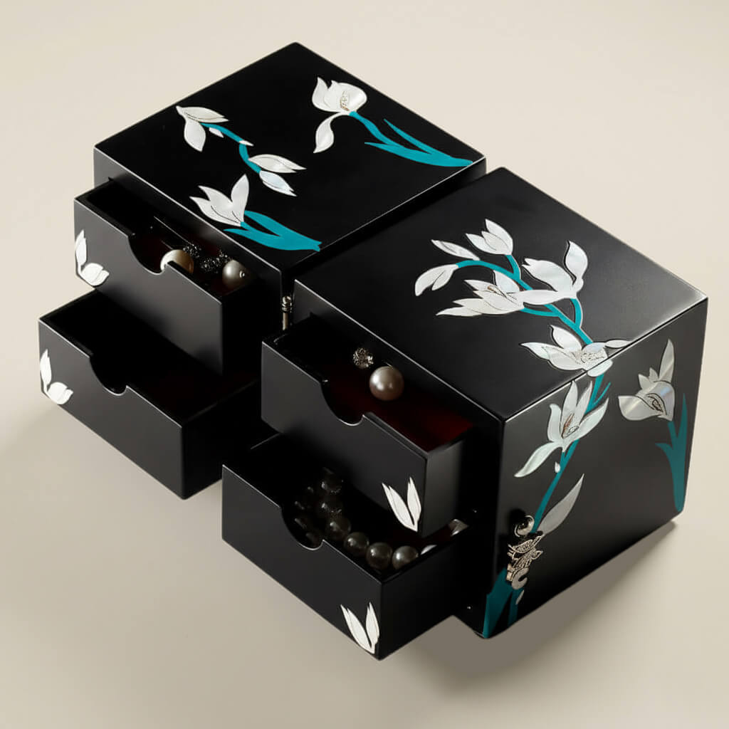 Handcrafted Jewelry Box with Inlaid Colored Shells B051