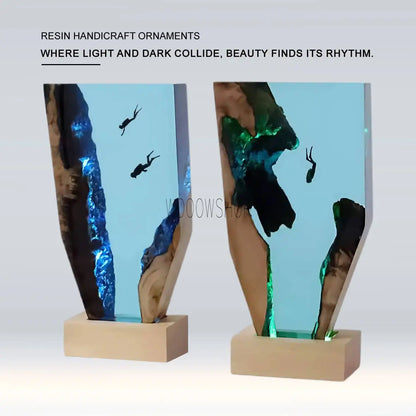 Ocean Melting Diver Desktop Office Ornament Creative Art Solid Wood Resin Night Light Birthday Gift Ornament