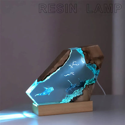 Seabed World Organism Resin Table Light Creative Art Decoration Lamp Shark Sunken Ship Theme Night Light USB Charge